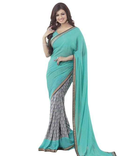 cyan printed georgette saree with blouse - 10810507 - Very Small Image - 1