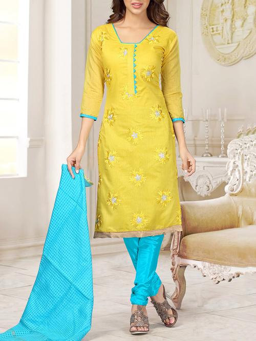 yellow cotton un-stitched dress material - 10814154 - Very Small Image - 1
