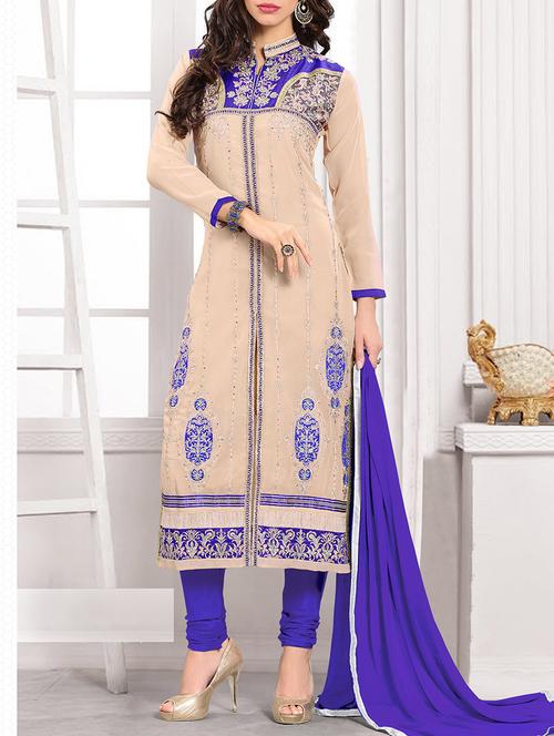 cream georgette un-stitched dress material - 10814218 - Very Small Image - 1
