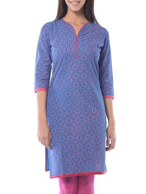 blue cotton straight kurta - 10814555 - Very Small Image - 1
