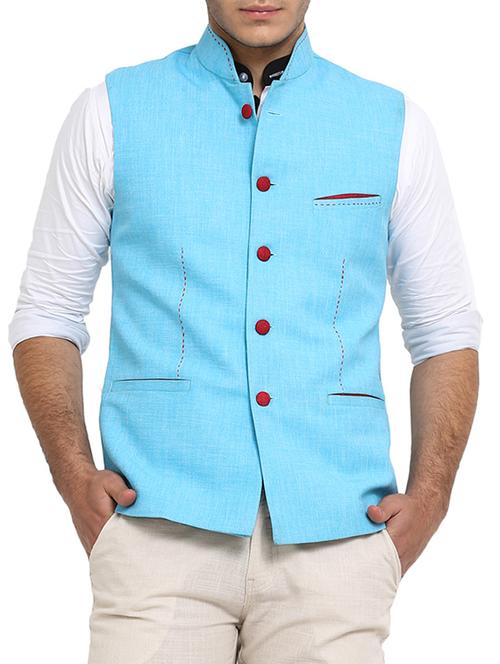 blue jute nehru jacket - 10839802 - Very Small Image - 1