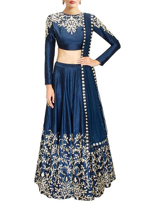 blue raw silk lehenga - 10850418 - Very Small Image - 1