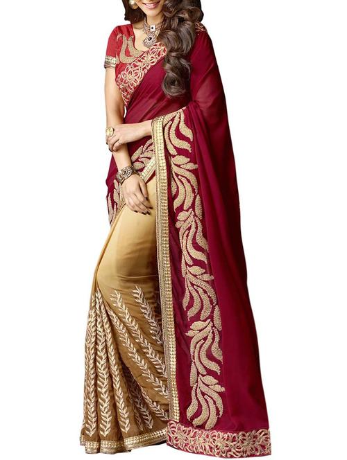 maroon georgette half & half saree with blouse - 10854679 - Very Small Image - 1