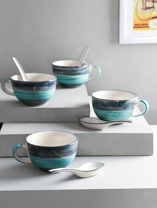 handpainted seagreen soup bowl with spoon set of 4 - 10855653 - Very Small Image - 1