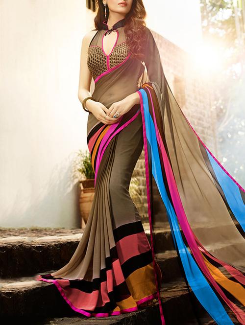 brown georgette striped saree - 10855975 - Very Small Image - 1