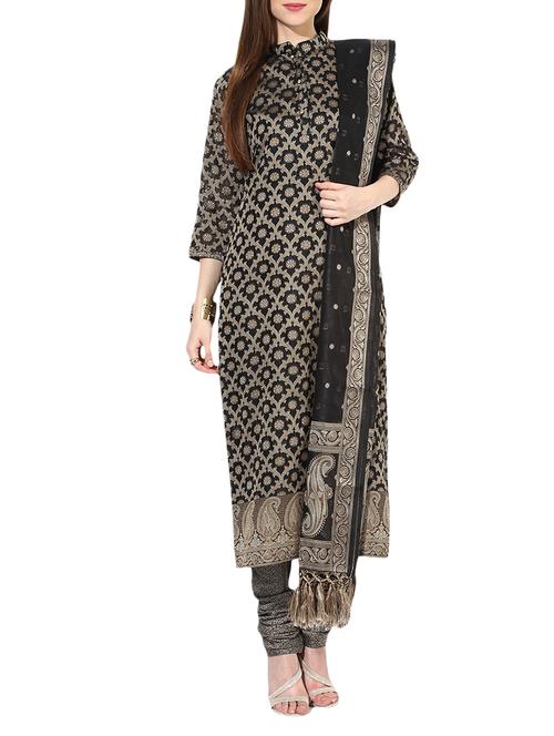 black chanderi unstitched suit - 10857056 - Very Small Image - 1