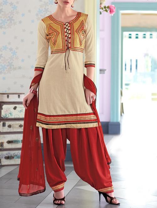 cream cotton unstitched dress material - 10858939 - Very Small Image - 1