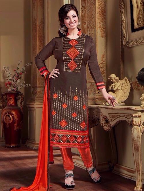 brown cotton unstitched dress material - 10858947 - Very Small Image - 1