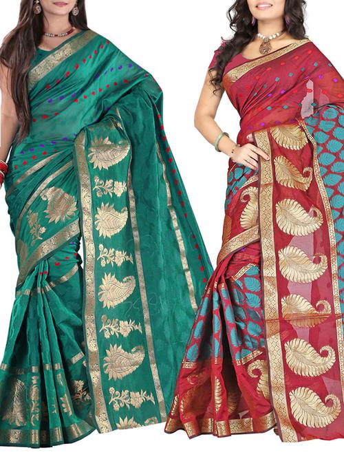 combo turquoise, maroon cotton zari work  saree - 10892145 - Very Small Image - 1