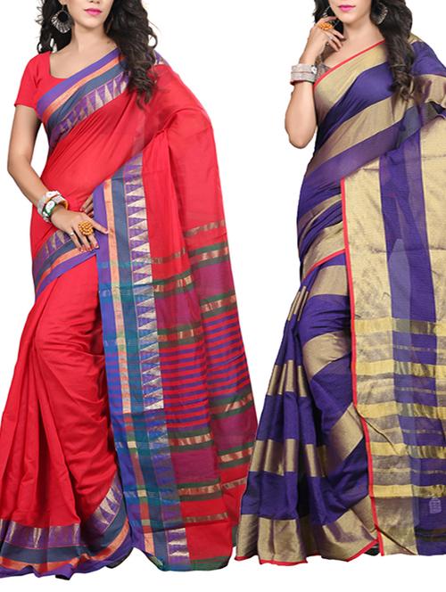 set of 2 multicolored art silk combo saree with blouse - 10892148 - Very Small Image - 1