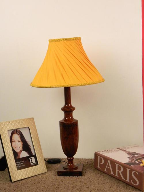 mango wood classic table lamp with pleated shade- yellow - 10895883 - Very Small Image - 1