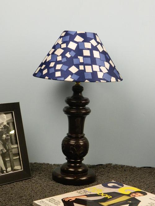 mango wood dark brown classy  table lampwith 10" pryamid shade-blue check - 10896091 - Very Small Image - 1