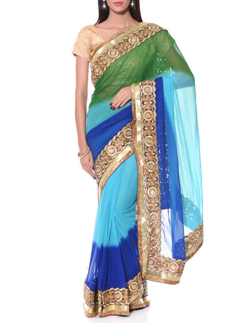 multicoloured net saree with gold border - 10934851 - Very Small Image - 1