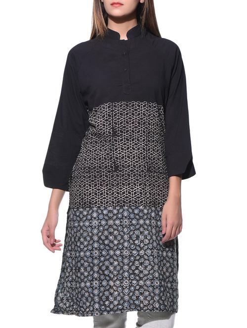 black printed cotton kurta - 10956424 - Very Small Image - 1