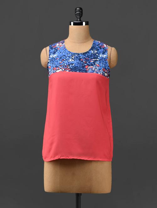 printed yoke sleeveless poly-crepe top - 1097286 - Very Small Image - 1