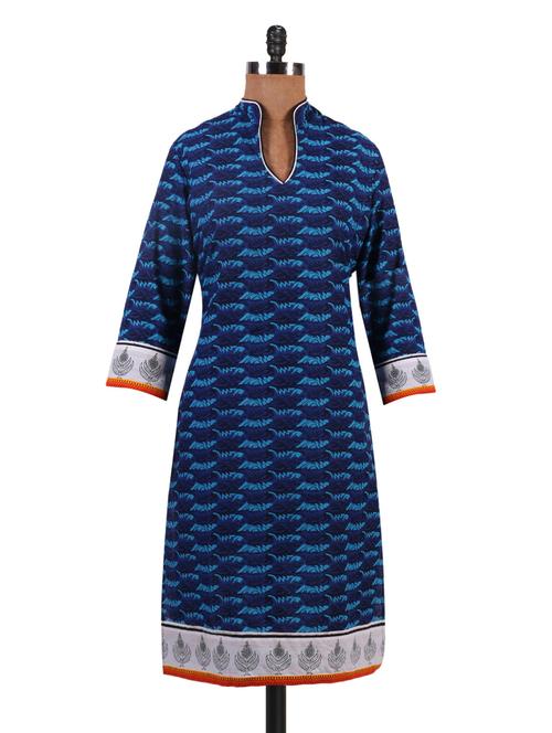 printed dark blue cotton kurta - 1097422 - Very Small Image - 1