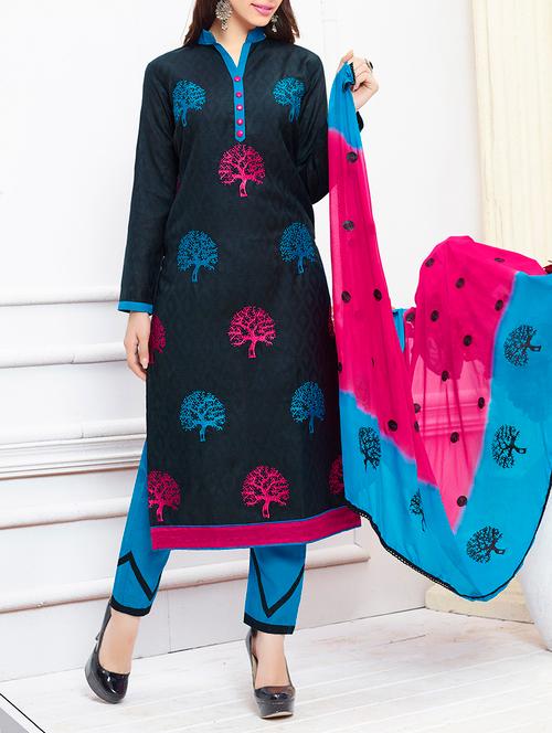 Black cotton blend embroidered unstitched suit - 10978613 - Very Small Image - 1