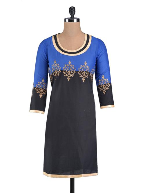printed black and blue cotton kurta - 1098815 - Very Small Image - 1