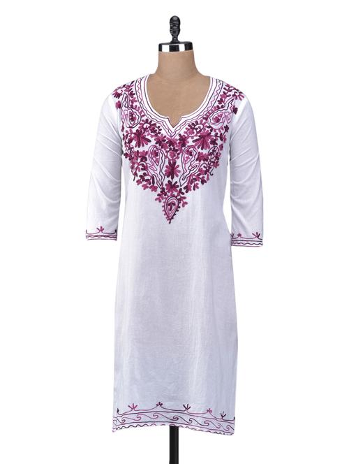 Kashmiri Embroidered White Kurta - 1098953 - Very Small Image - 1