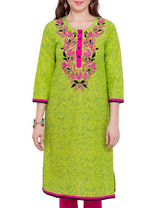 Green Cotton Straight Kurta - 11006958 - Very Small Image - 1