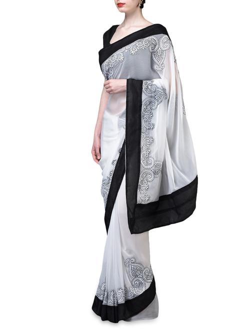 embroidered black border white saree - 1101661 - Very Small Image - 1