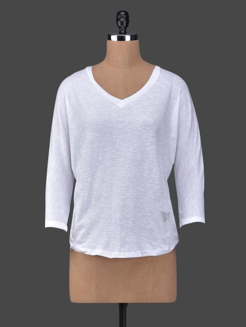 v neck cotton knit quarter sleeve top - 1102400 - Very Small Image - 1