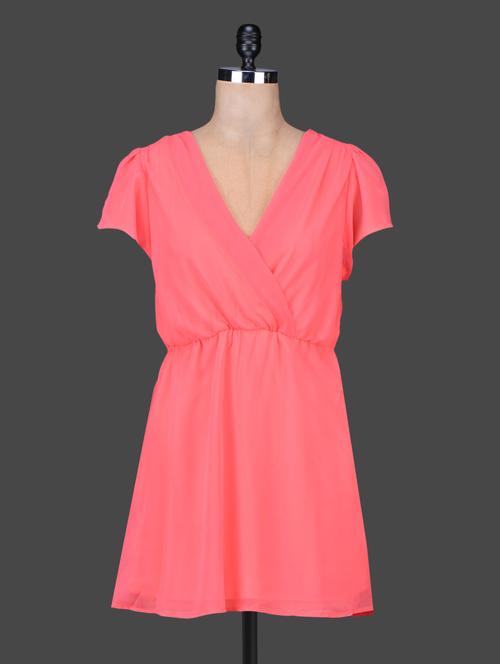 solid coral overlap neck dress - 1102411 - Very Small Image - 1