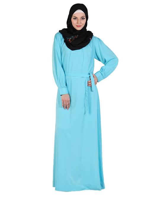 solid cyan abaya with waist belt - 11032235 - Very Small Image - 1