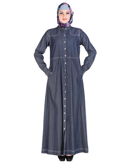 navy blue full front buttoned denim abaya - 11032246 - Very Small Image - 1
