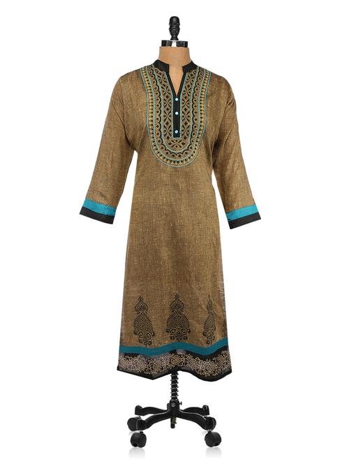 brown mandarin collar printed kurta - 1103431 - Very Small Image - 1