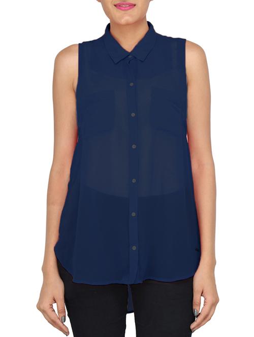 navy blue chiffon solid casual shirt - 11036402 - Very Small Image - 1