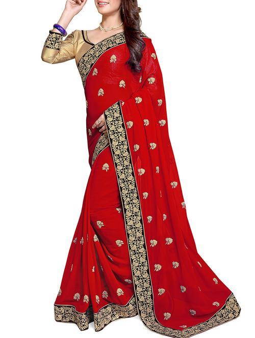 red faux georgette  saree with blouse - 11049486 - Very Small Image - 1