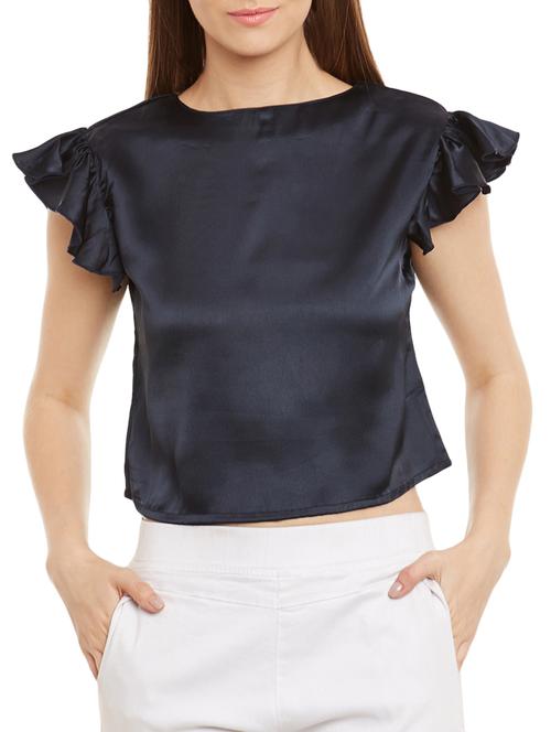 navy blue satin ruffle top - 11049779 - Very Small Image - 1
