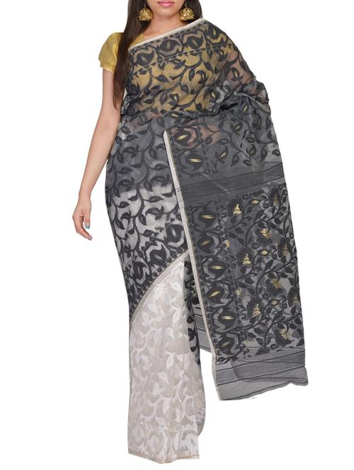 black , white cotton saree - 11076937 - Very Small Image - 1