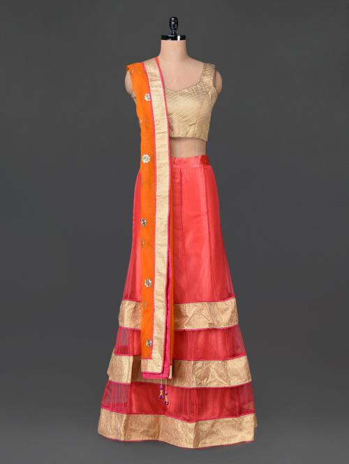 coral pink net lehenga - 1107943 - Very Small Image - 1