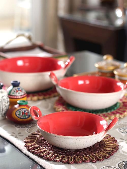 vareesha marble red ceramic kadhai serving dishes set of three - 11081705 - Very Small Image - 1