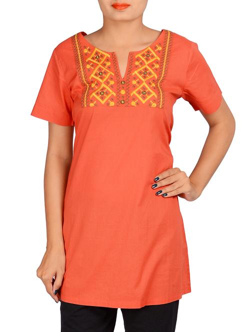 orange cotton aline kurti - 11090150 - Very Small Image - 1