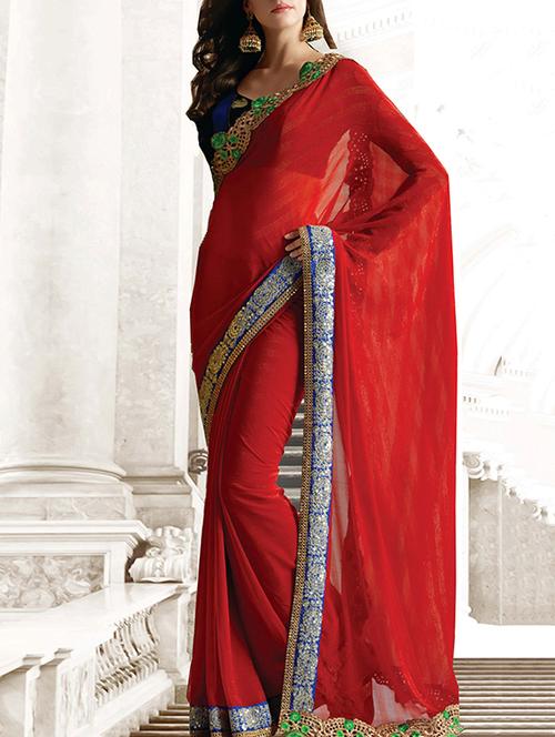 red chiffon bordered saree - 11095710 - Very Small Image - 1
