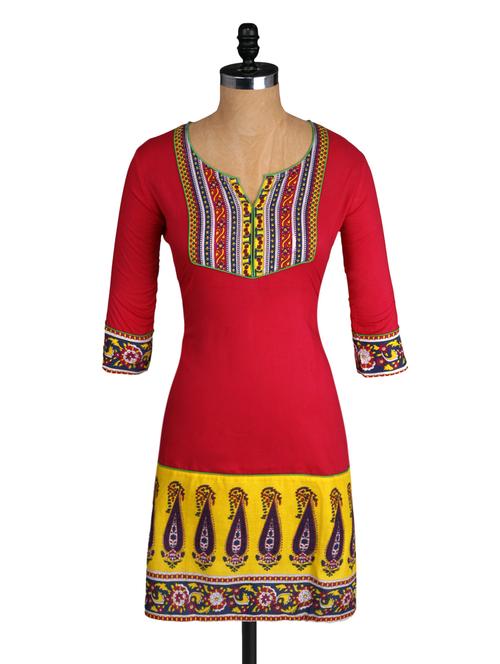 ethnic printed border pink funnel neck kurta - 1109990 - Very Small Image - 1