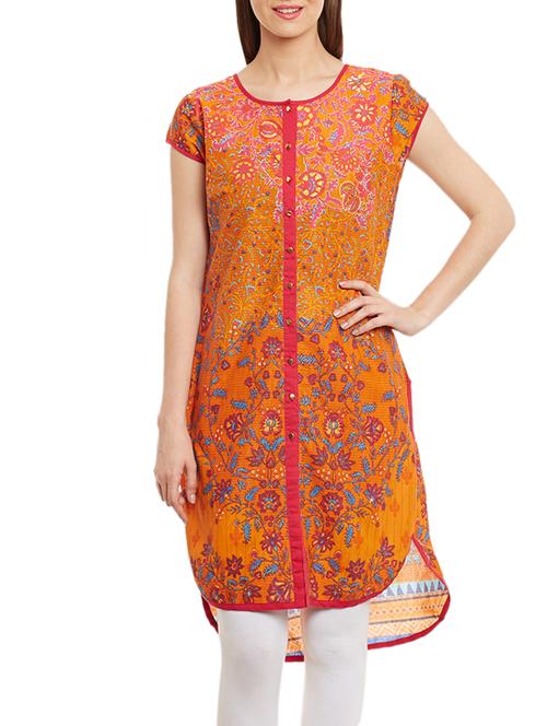 orange cotton printed kurta - 11100416 - Very Small Image - 1