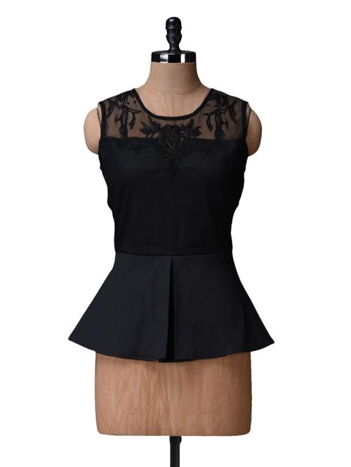 black embroidered net yoke peplum top - 1111876 - Very Small Image - 1