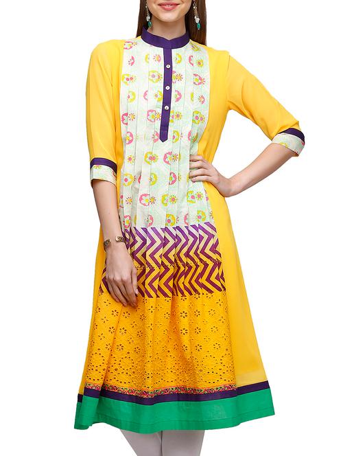 yellow color, cotton a- line kurta - 11119670 - Very Small Image - 1