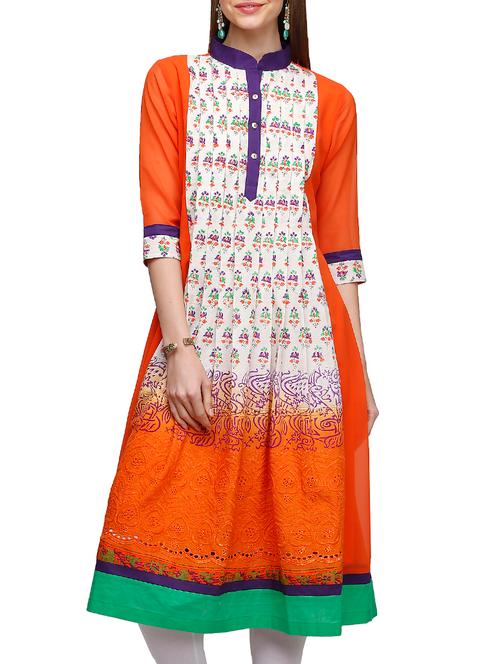 orange and white color, cotton flared printed kurta - 11119672 - Very Small Image - 1