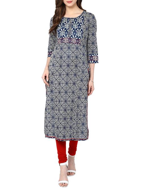 indigo and white printed cotton kurta - 11137611 - Very Small Image - 1
