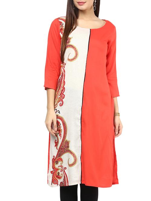 coral and white colour block printed rayon kurta - 11137628 - Very Small Image - 1