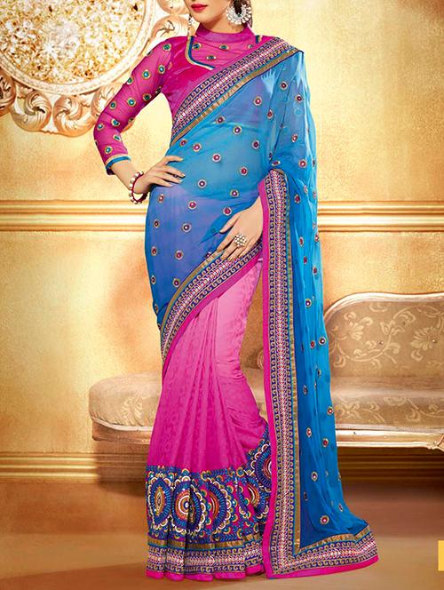 pink & blue georgette half & half saree - 11145641 - Very Small Image - 1