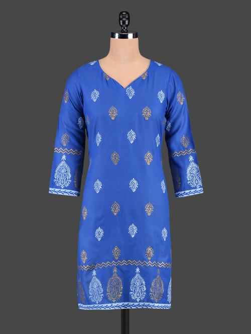blue cotton straight kurta - 1116525 - Very Small Image - 1