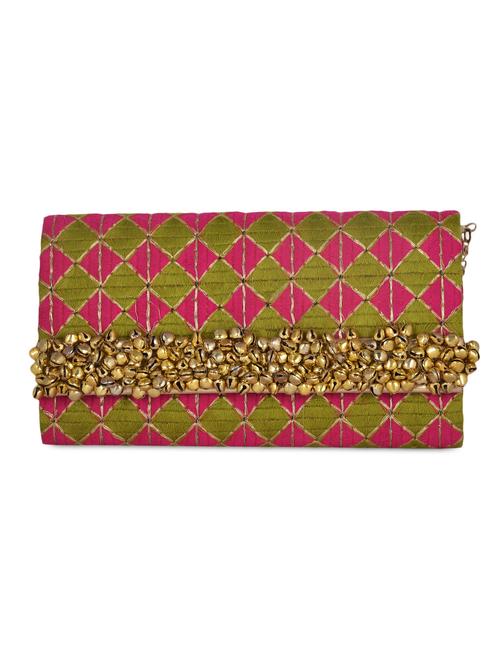 chequered pattern ghungroo embellished silk clutch - 1117147 - Very Small Image - 1