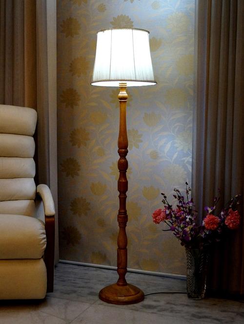 mango wood camel color floor lamp with shade - 11190655 - Very Small Image - 1