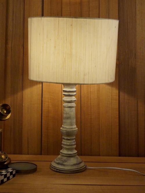 vintage  white mango wood table lamp with drum shade - 11190961 - Very Small Image - 1